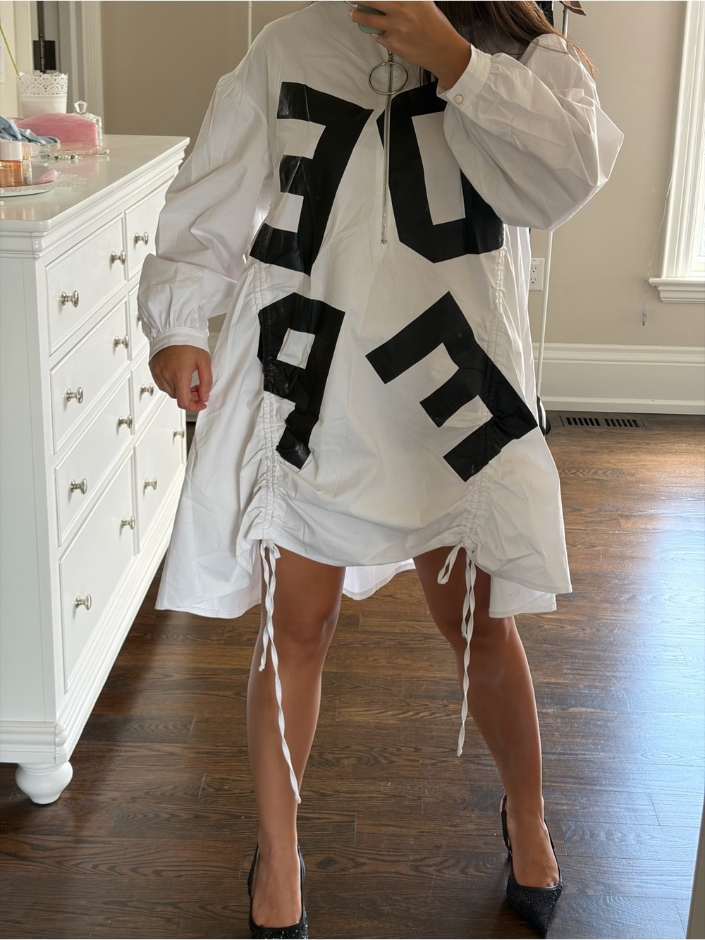 Oversized White Shirt Dress with Bold Black Lettering - Picture 3 of 6